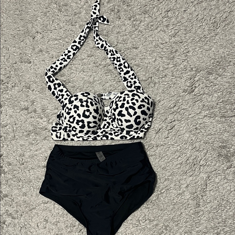 Leopard Print Halter Bikini Top and Black Bottoms